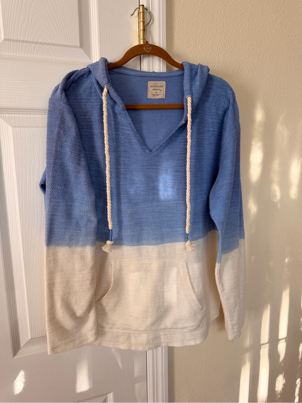 Southern Spirit Blue & Cream Hooded Pullover | Boho Coastal Vintage-Inspired